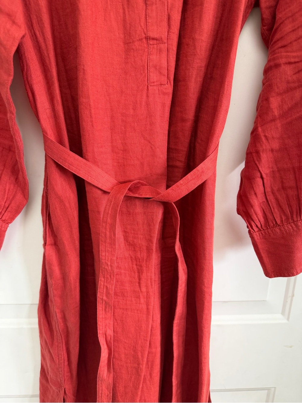 J. Crew Crimson Red Long Sleeve Belted Maxi Dress - linen dress - Picture 3 of 6